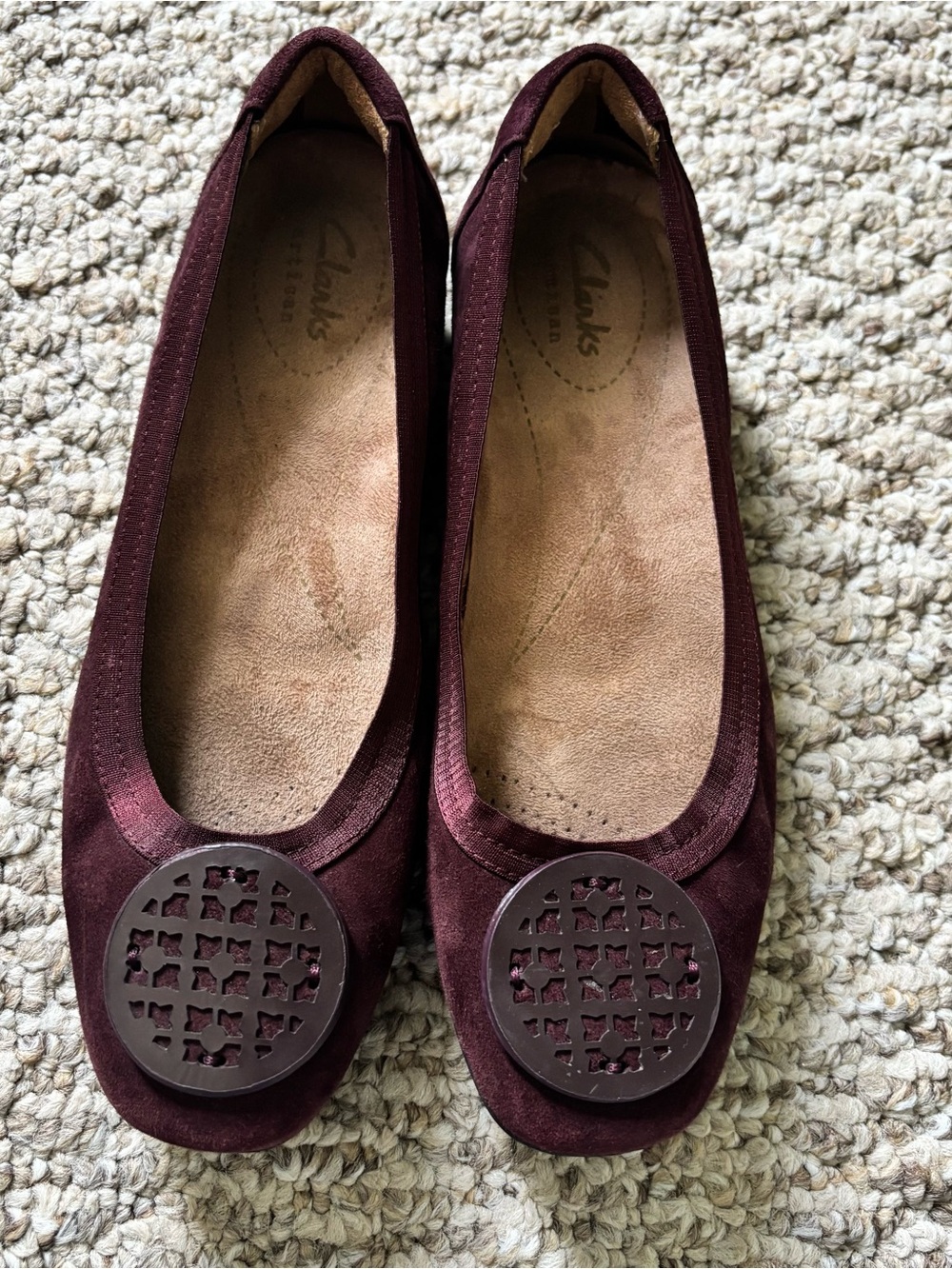 Clarks Women's Maroon Suede Slip-On Ballet Flats with Round Medallion